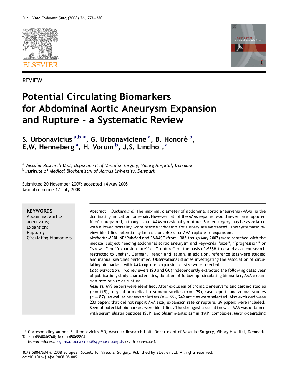 Potential Circulating Biomarkers for Abdominal Aortic Aneurysm Expansion and Rupture - a Systematic Review