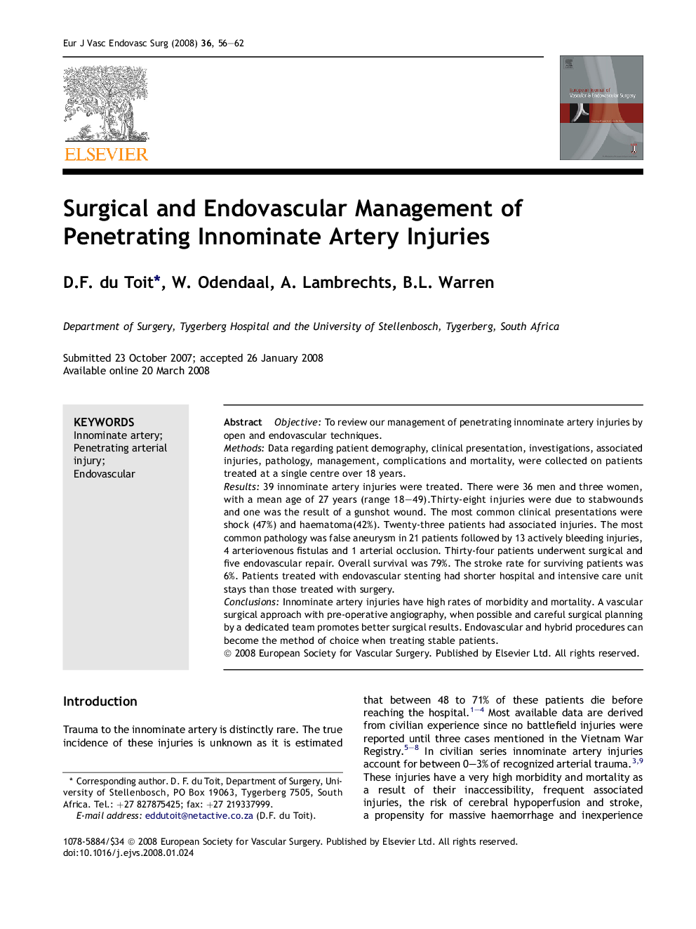 Surgical and Endovascular Management of Penetrating Innominate Artery Injuries