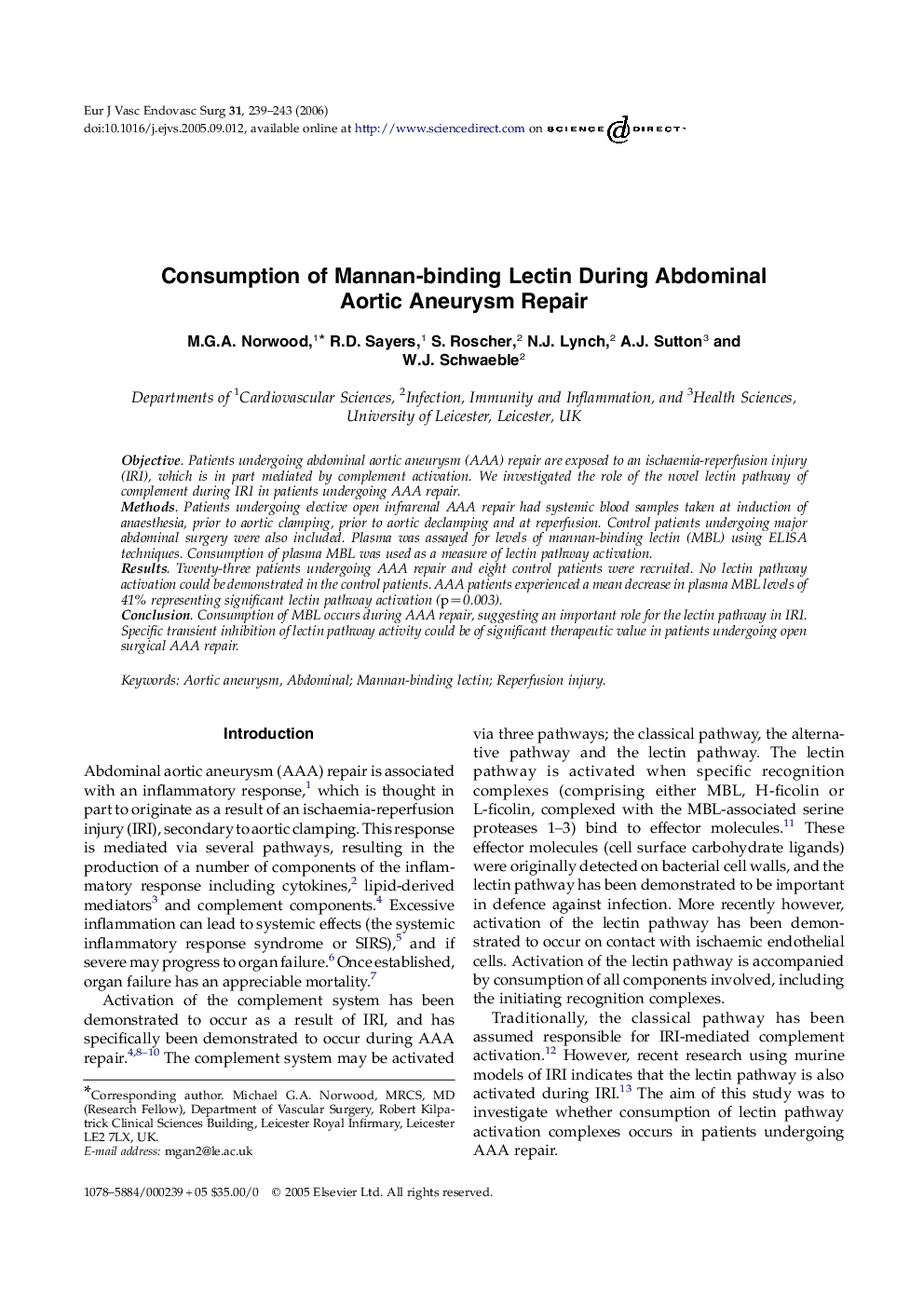 Consumption of Mannan-binding Lectin During Abdominal Aortic Aneurysm Repair