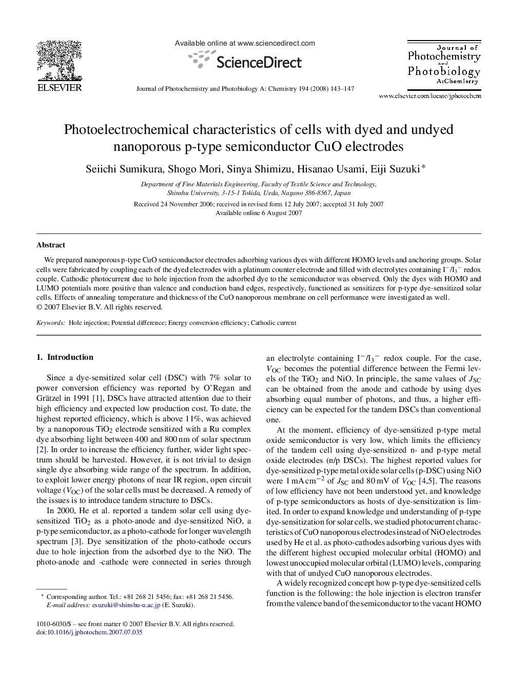 Photoelectrochemical characteristics of cells with dyed and undyed nanoporous p-type semiconductor CuO electrodes