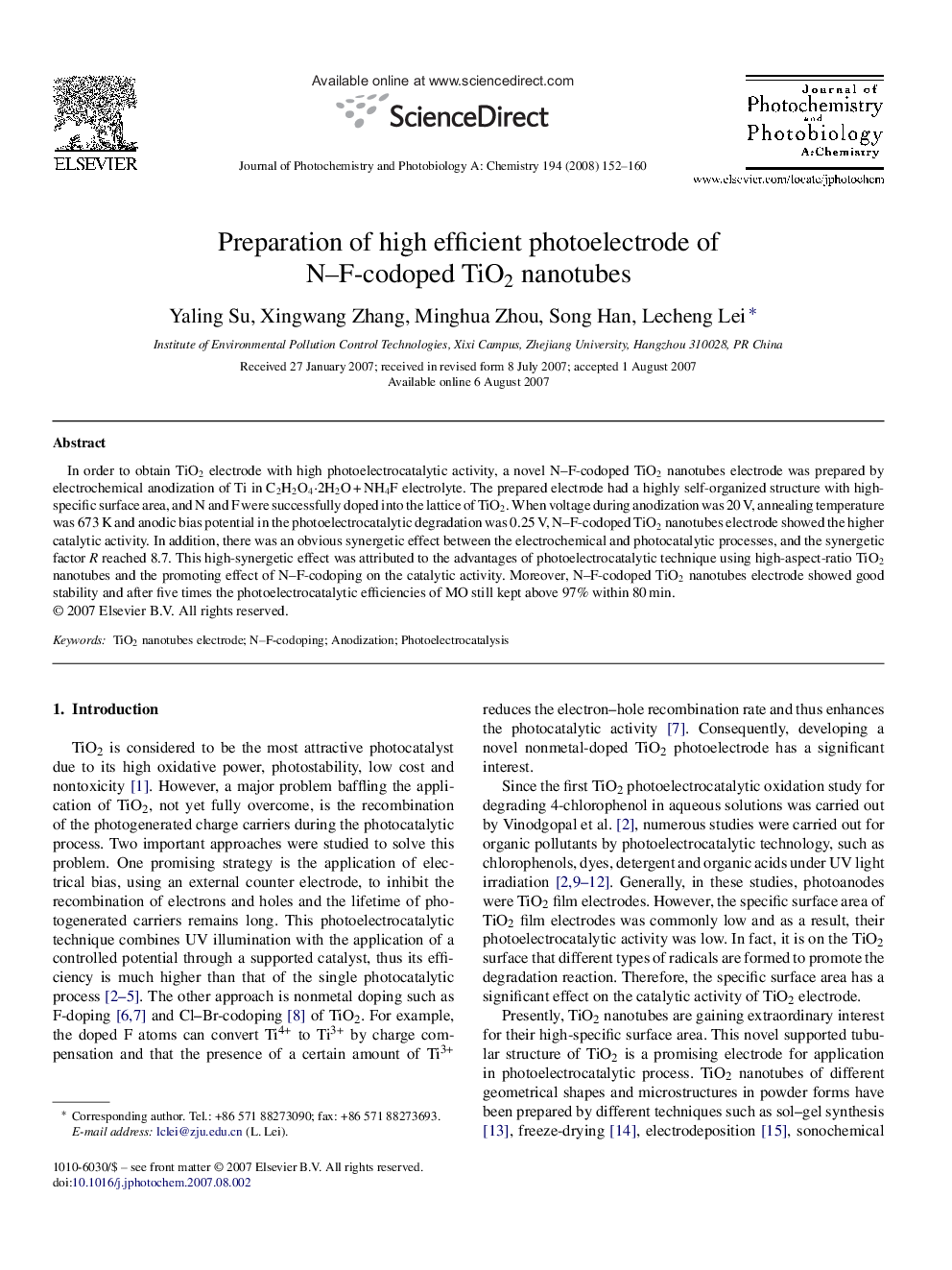 Preparation of high efficient photoelectrode of N–F-codoped TiO2 nanotubes