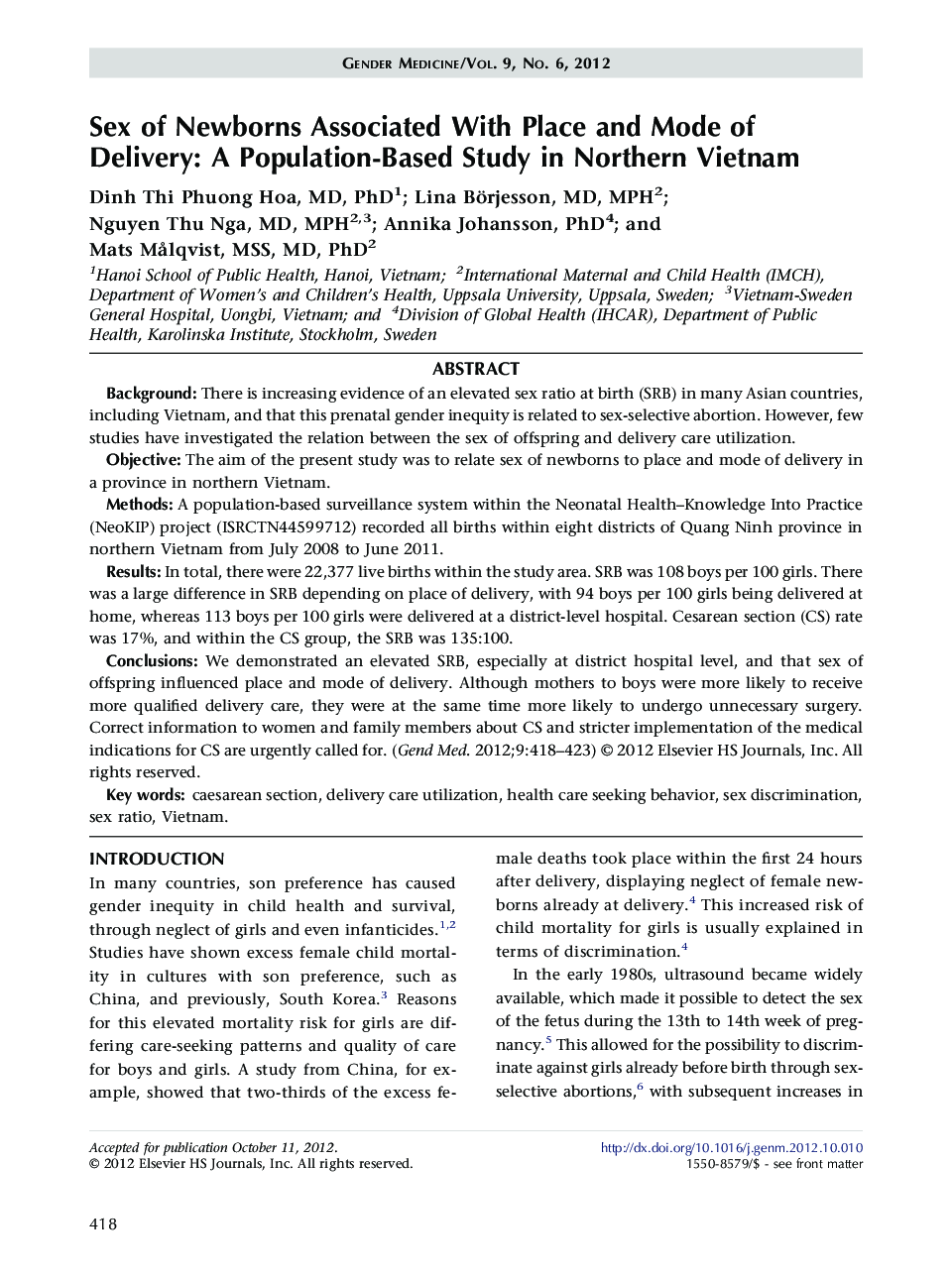 Sex of Newborns Associated With Place and Mode of Delivery: A Population-Based Study in Northern Vietnam