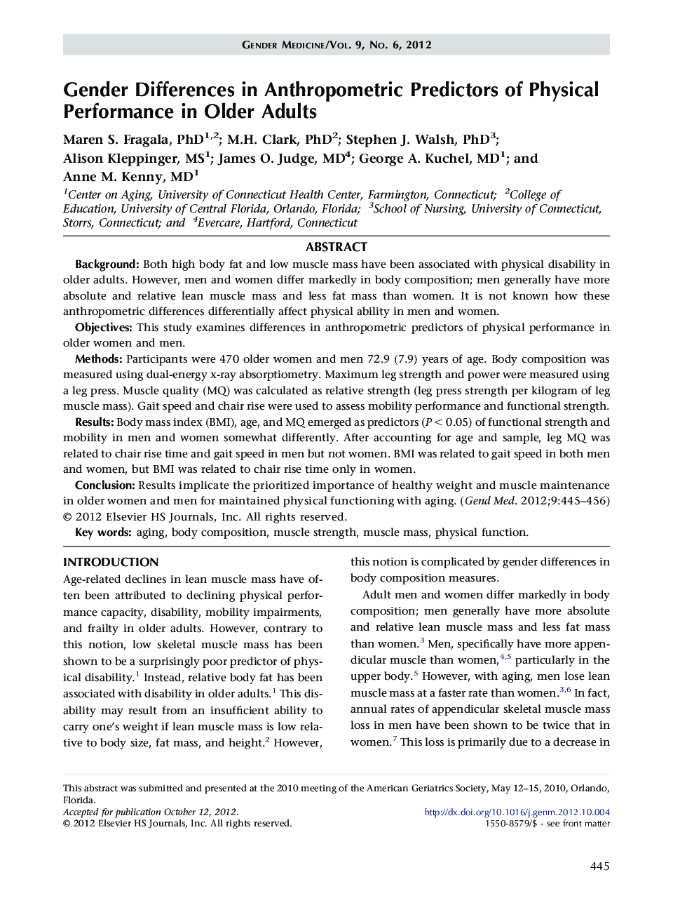 Gender Differences in Anthropometric Predictors of Physical Performance in Older Adults