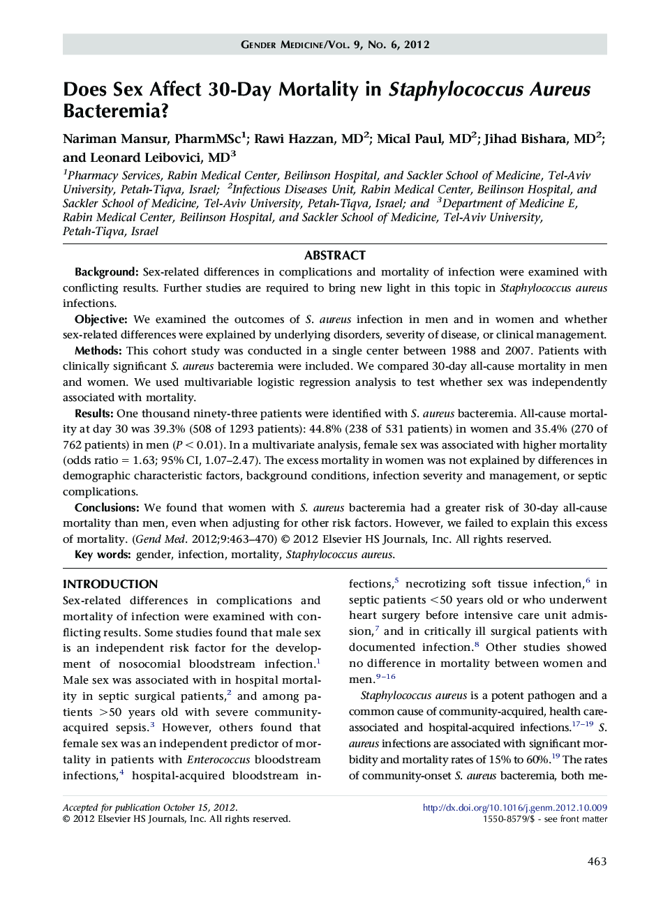 Does Sex Affect 30-Day Mortality in Staphylococcus Aureus Bacteremia?