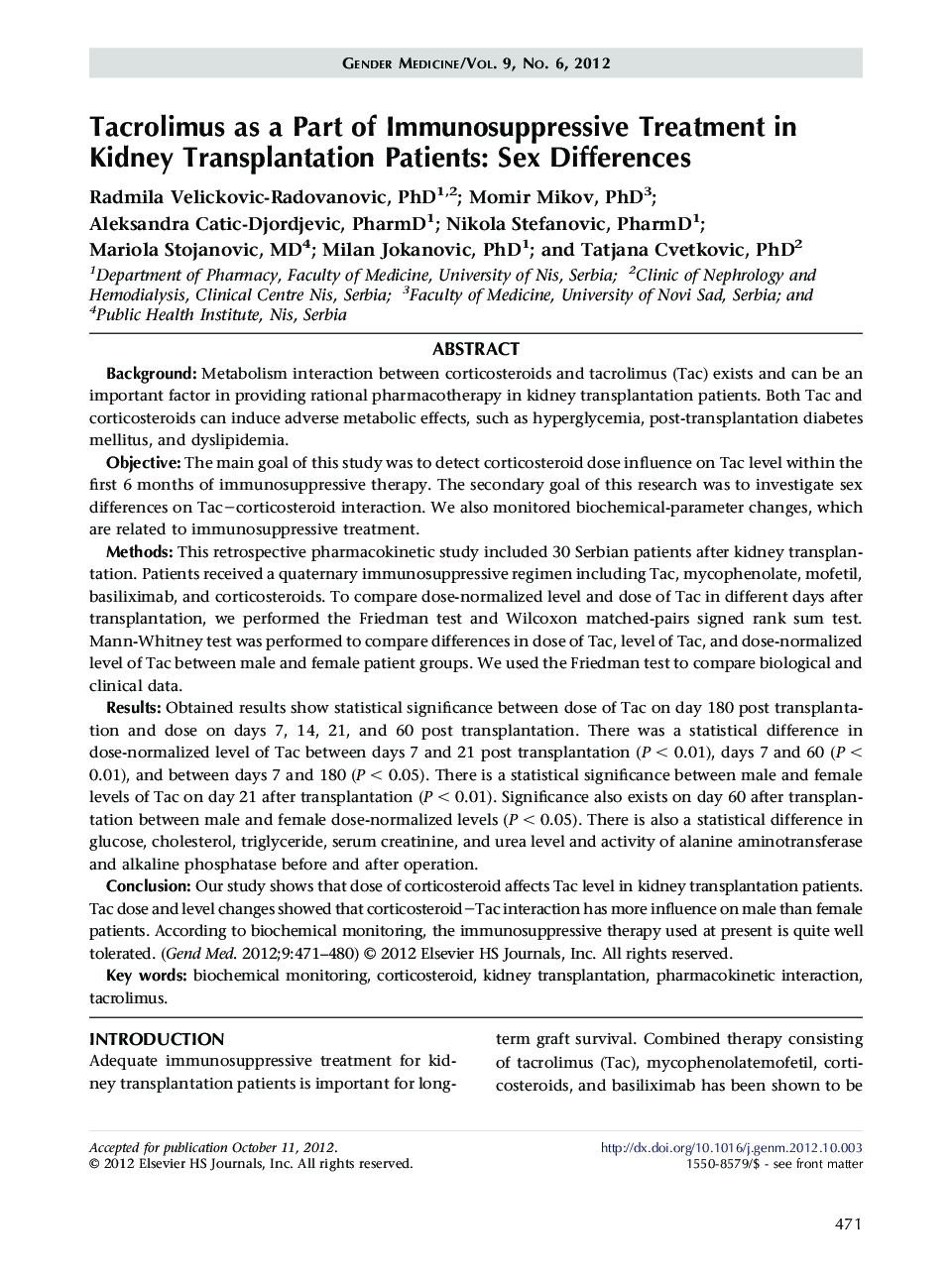 Tacrolimus as a Part of Immunosuppressive Treatment in Kidney Transplantation Patients: Sex Differences