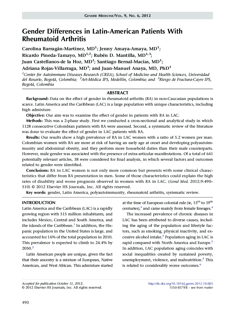 Gender Differences in Latin-American Patients With Rheumatoid Arthritis