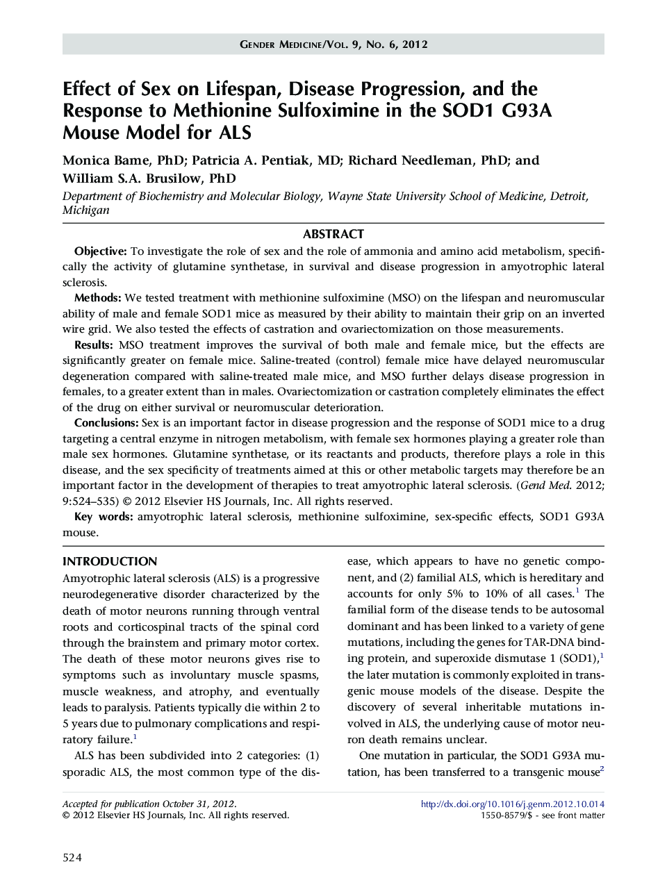 Effect of Sex on Lifespan, Disease Progression, and the Response to Methionine Sulfoximine in the SOD1 G93A Mouse Model for ALS