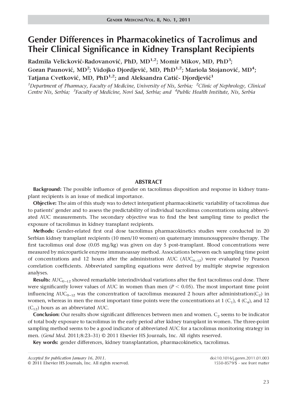 Gender Differences in Pharmacokinetics of Tacrolimus and Their Clinical Significance in Kidney Transplant Recipients