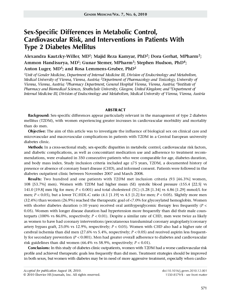 Sex-Specific differences in metabolic control, cardiovascular risk, and interventions in patients with type 2 diabetes mellitus