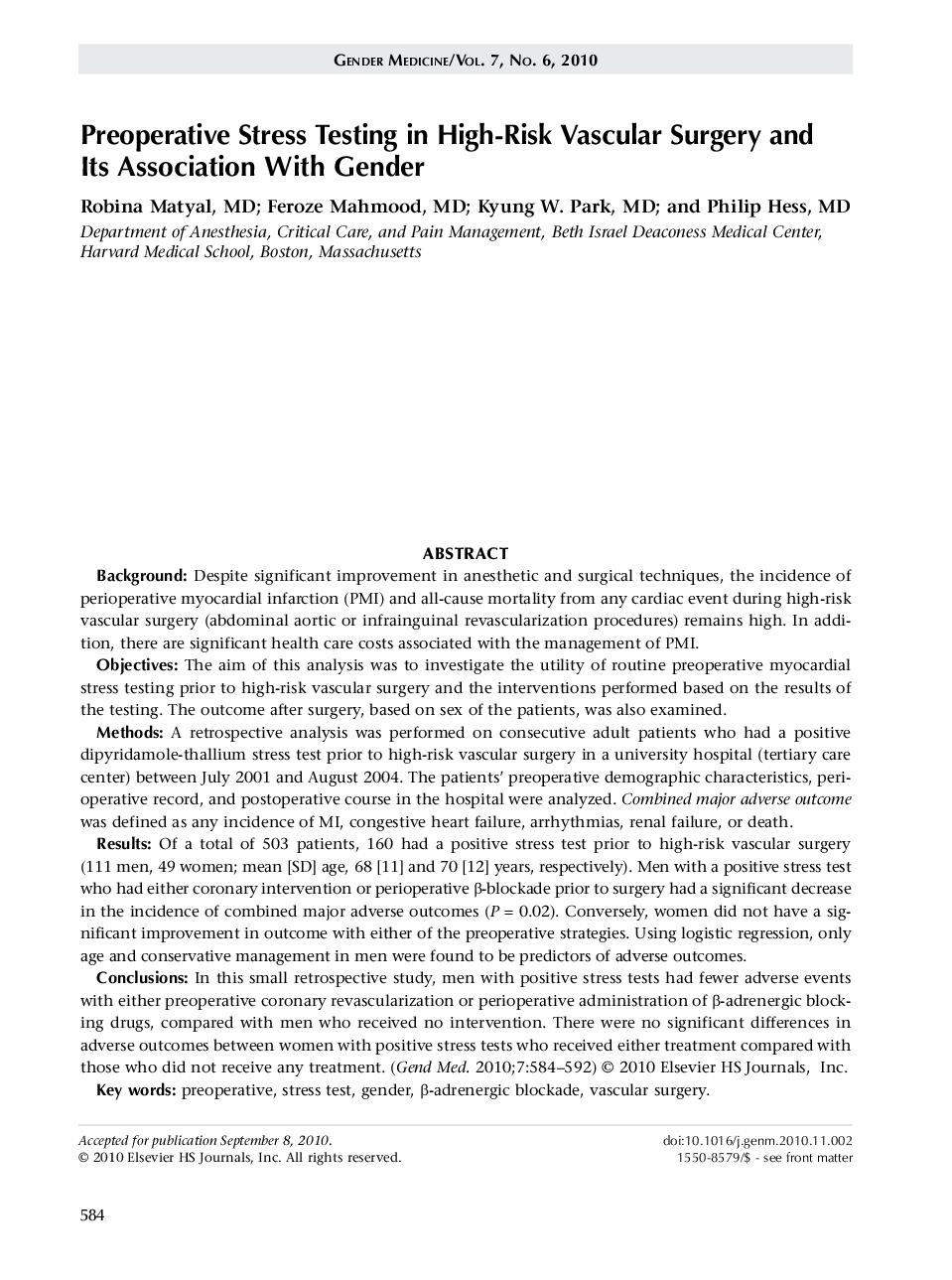 Preoperative stress testing in high-risk vascular surgery and its association with gender