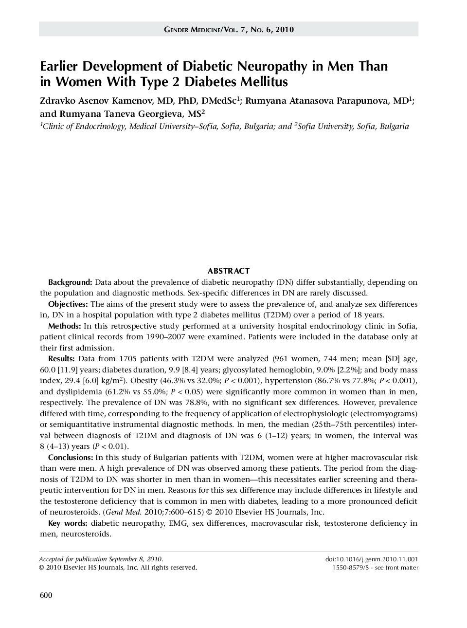 Earlier development of diabetic neuropathy in men than in women with type 2 diabetes mellitus