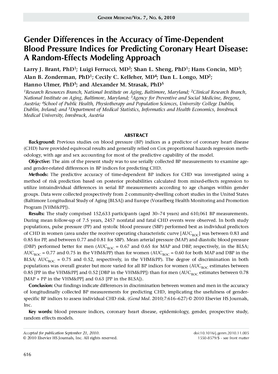 Gender differences in the accuracy of time-dependent blood pressure indices for predicting coronary heart disease: A random-effects modeling approach