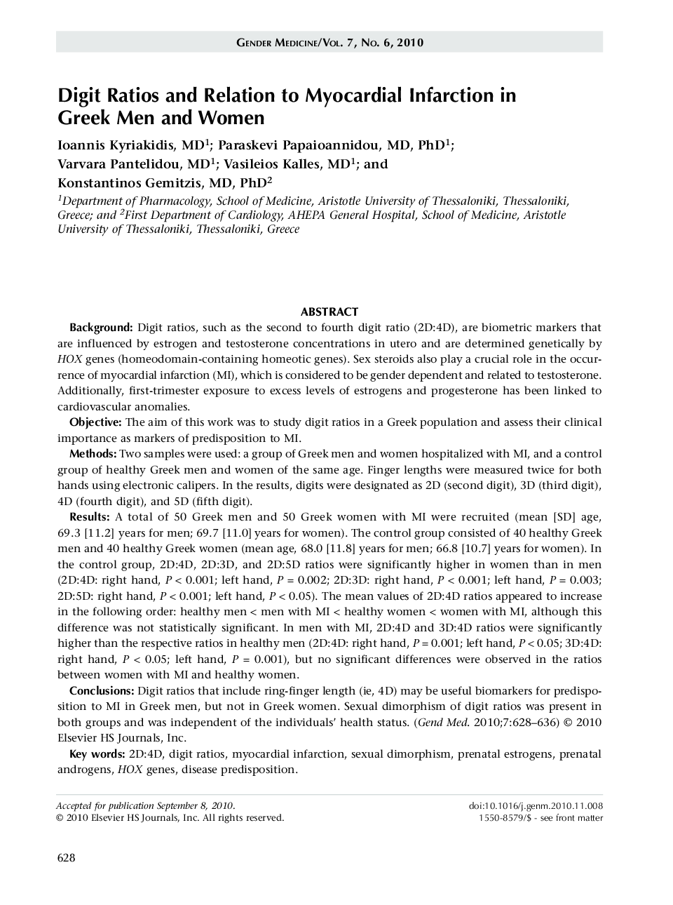 Digit ratios and relation to myocardial infarction in Greek men and women