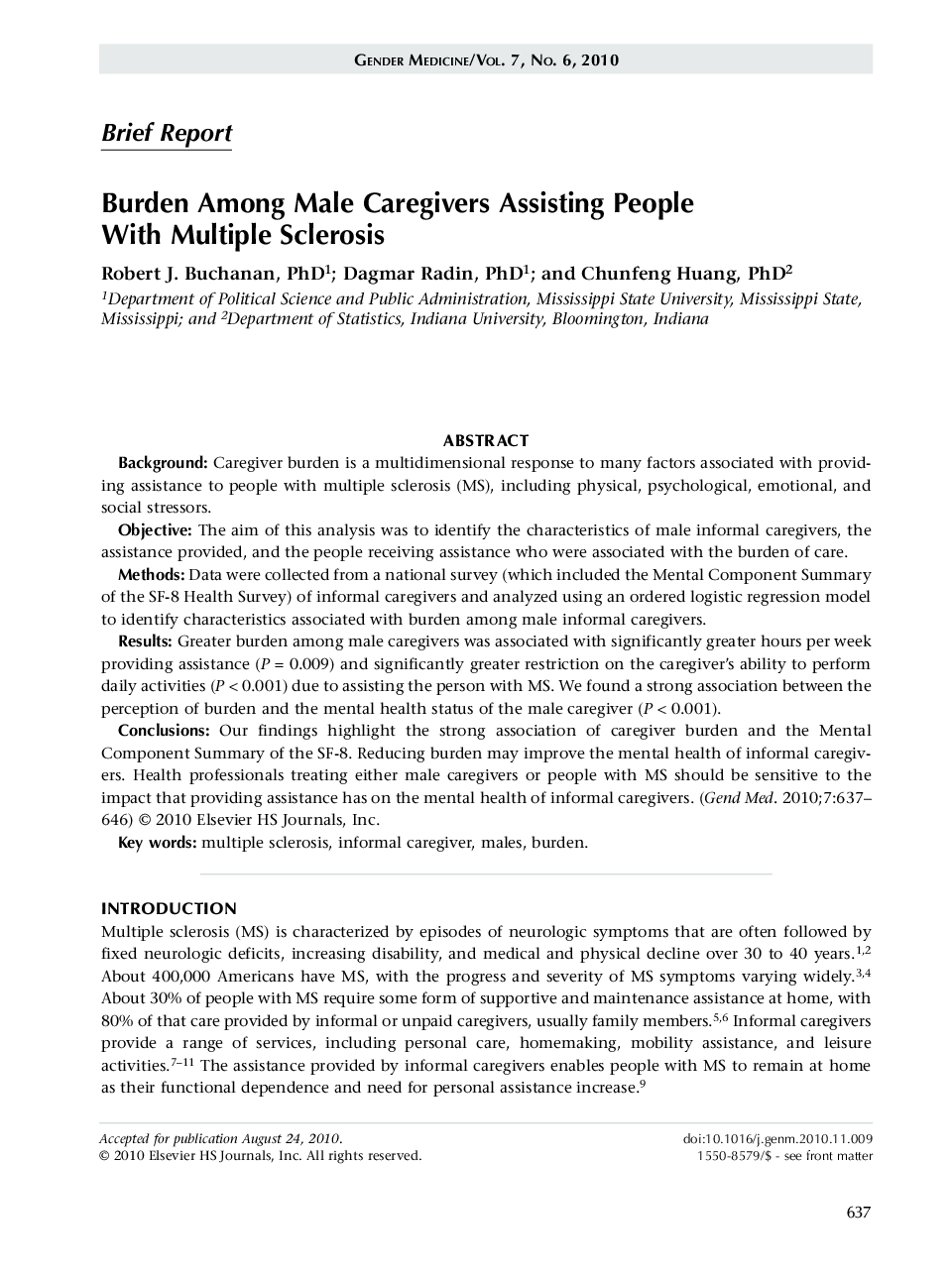 Burden among male caregivers assisting people with multiple sclerosis