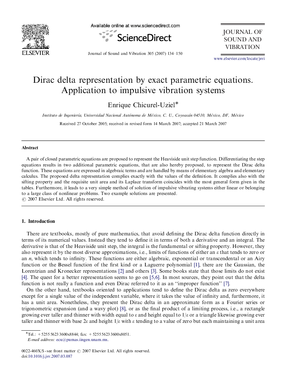 Dirac delta representation by exact parametric equations.: Application to impulsive vibration systems