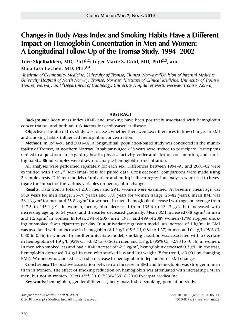 Changes in body mass index and smoking habits have a different impact on hemoglobin concentration in men and women: A longitudinal follow-up of the tromsø study, 1994–2002
