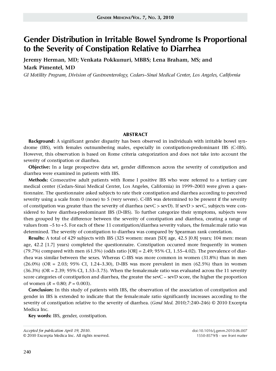 Gender distribution in irritable bowel syndrome is proportional to the severity of constipation relative to diarrhea