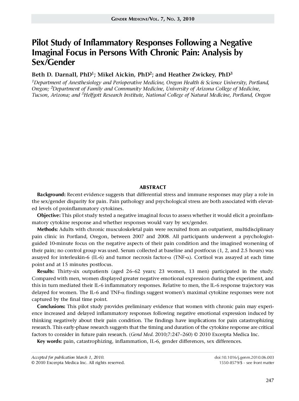 Pilot study of inflammatory responses following a negative imaginal focus in persons with chronic pain: Analysis by sex/gender