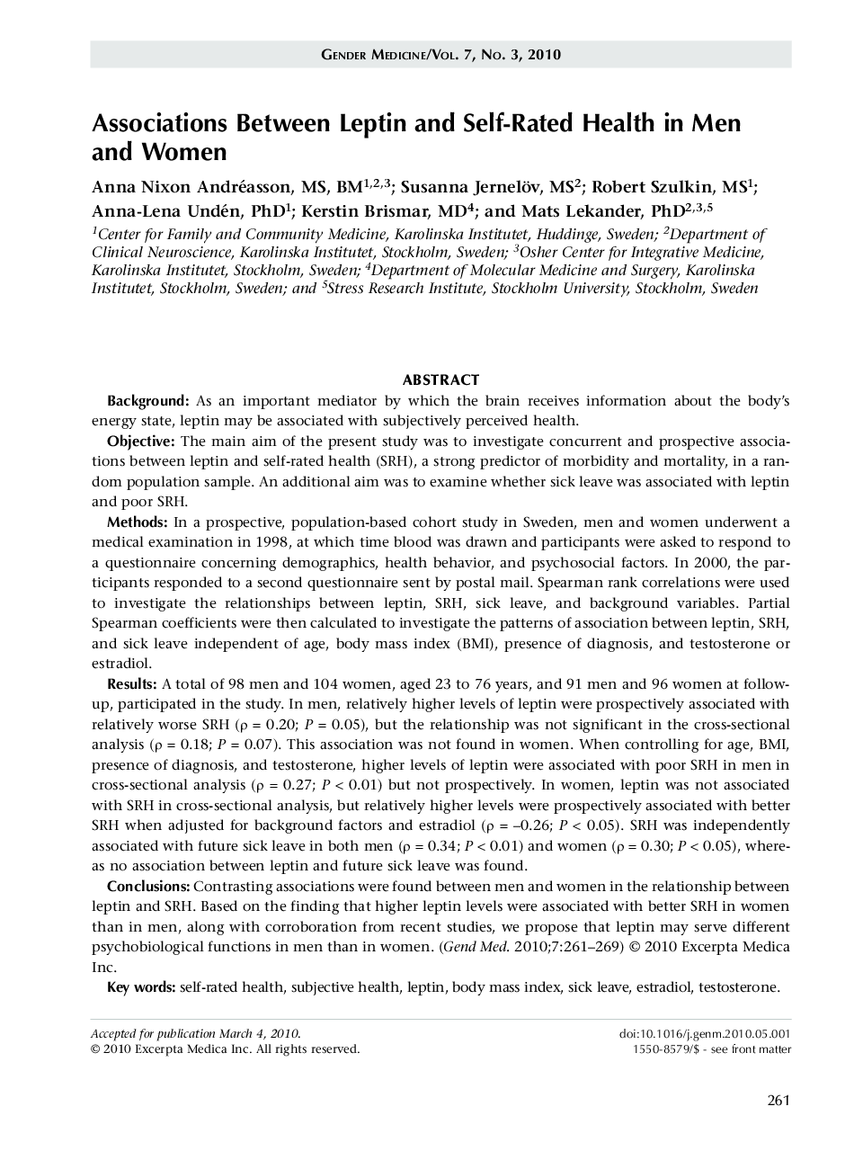 Associations between leptin and self-rated health in men and women