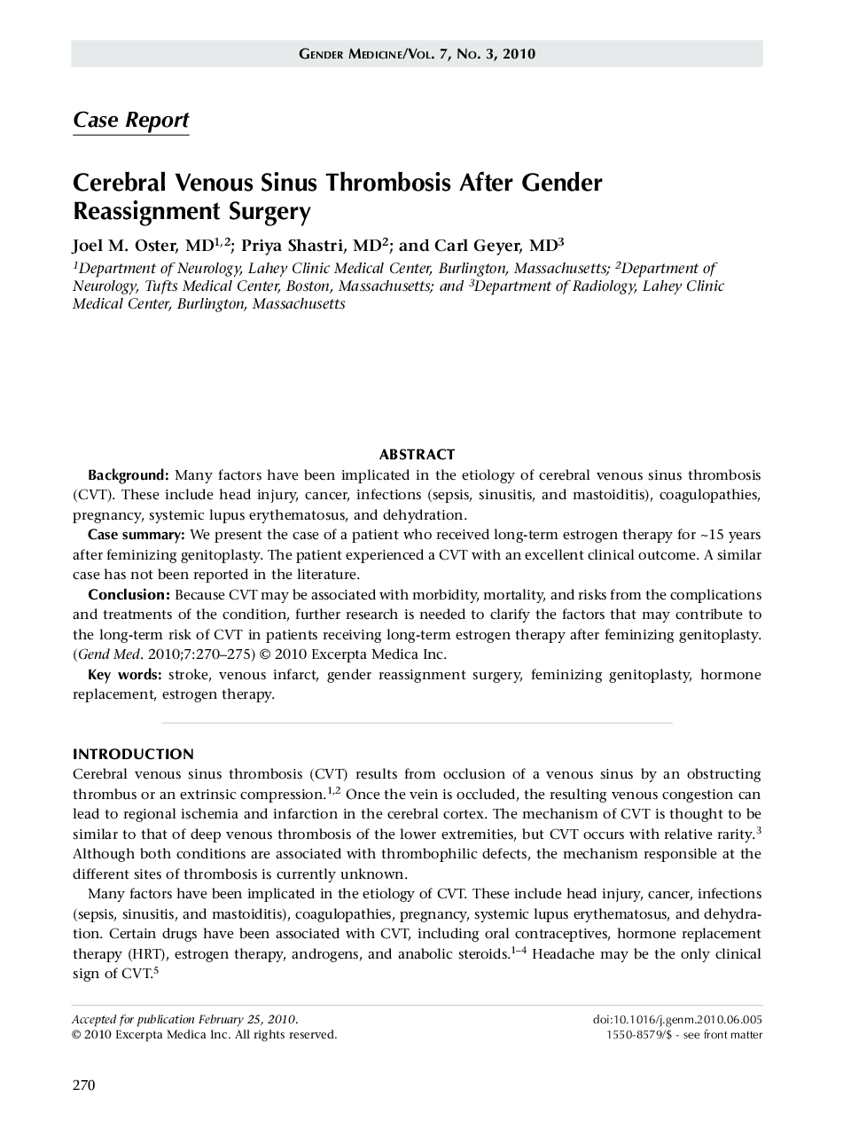 Cerebral venous sinus thrombosis after gender reassignment surgery