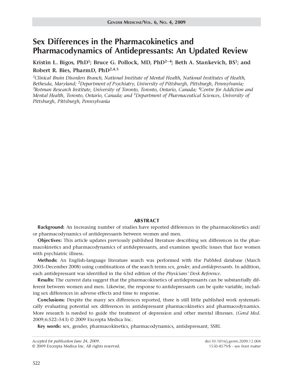 Sex differences in the pharmacokinetics and pharmacodynamics of antidepressants: An updated review