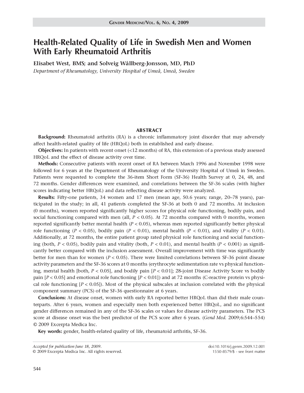 Health-related quality of life in Swedish men and women with early rheumatoid arthritis