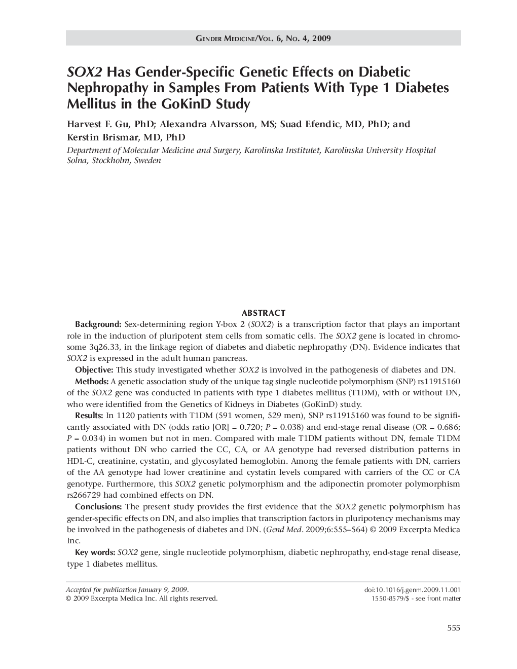 SOX2 has gender-specific genetic effects on diabetic nephropathy in samples from patients with type 1 diabetes mellitus in the GoKinD study