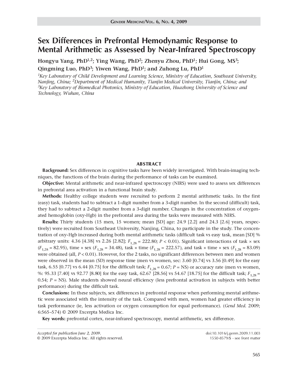 Sex differences in prefrontal hemodynamic response to mental arithmetic as assessed by near-infrared spectroscopy