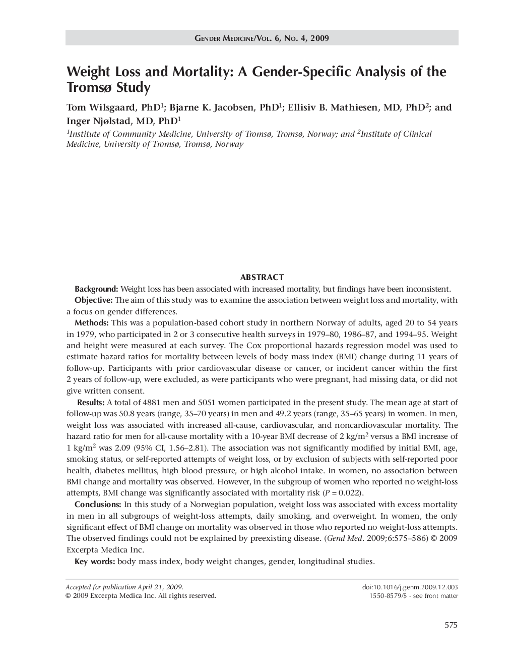 Weight loss and mortality: A gender-specific analysis of the Tromsø study