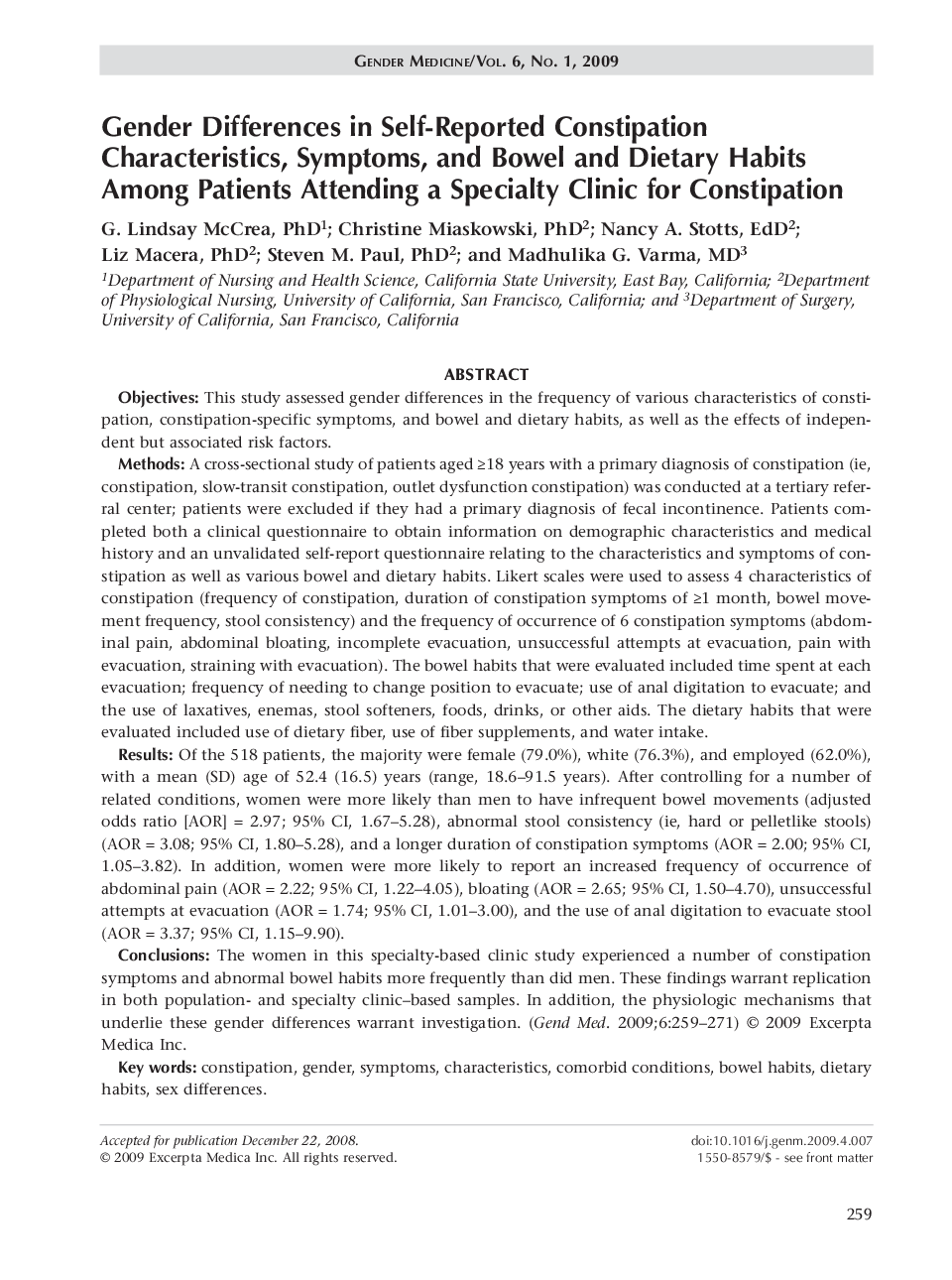 Gender differences in self-reported constipation characteristics, symptoms, and bowel and dietary habits among patients attending a specialty clinic for constipation
