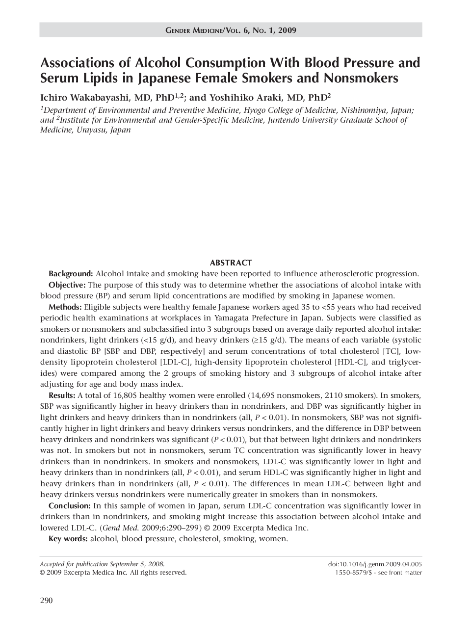 Associations of alcohol consumption with blood pressure and serum lipids in Japanese female smokers and nonsmokers
