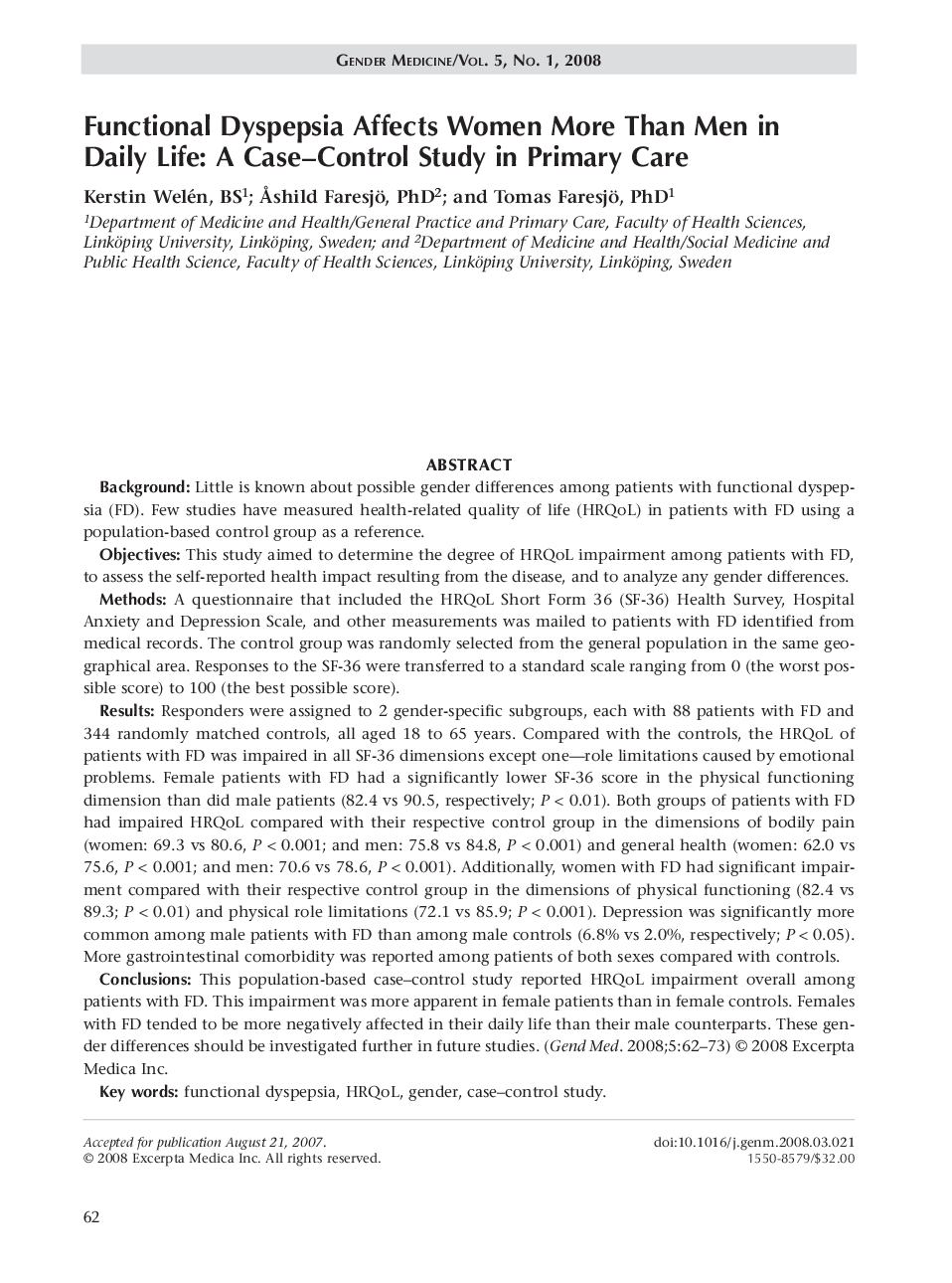 Functional dyspepsia affects women more than men in daily life: A case-control study in primary care