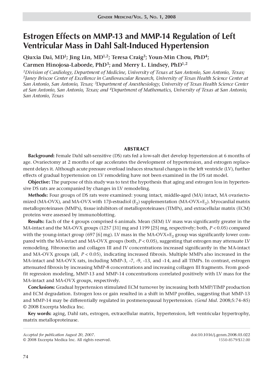 Estrogen effects on MMP-13 and MMP-14 regulation of left ventricular mass in Dahl salt-induced hypertension
