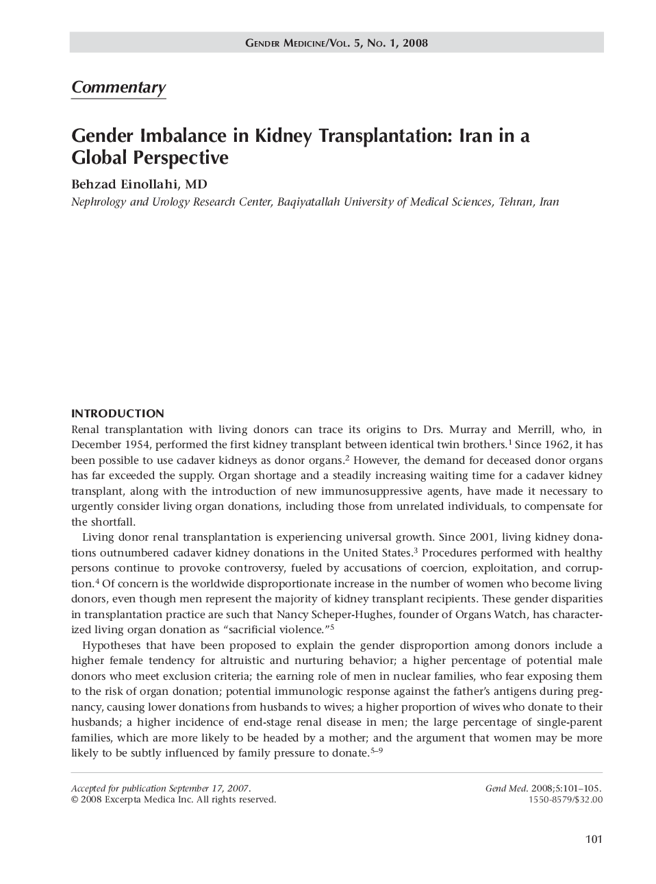 Gender imbalance in kidney transplantation: Iran in a global perspective