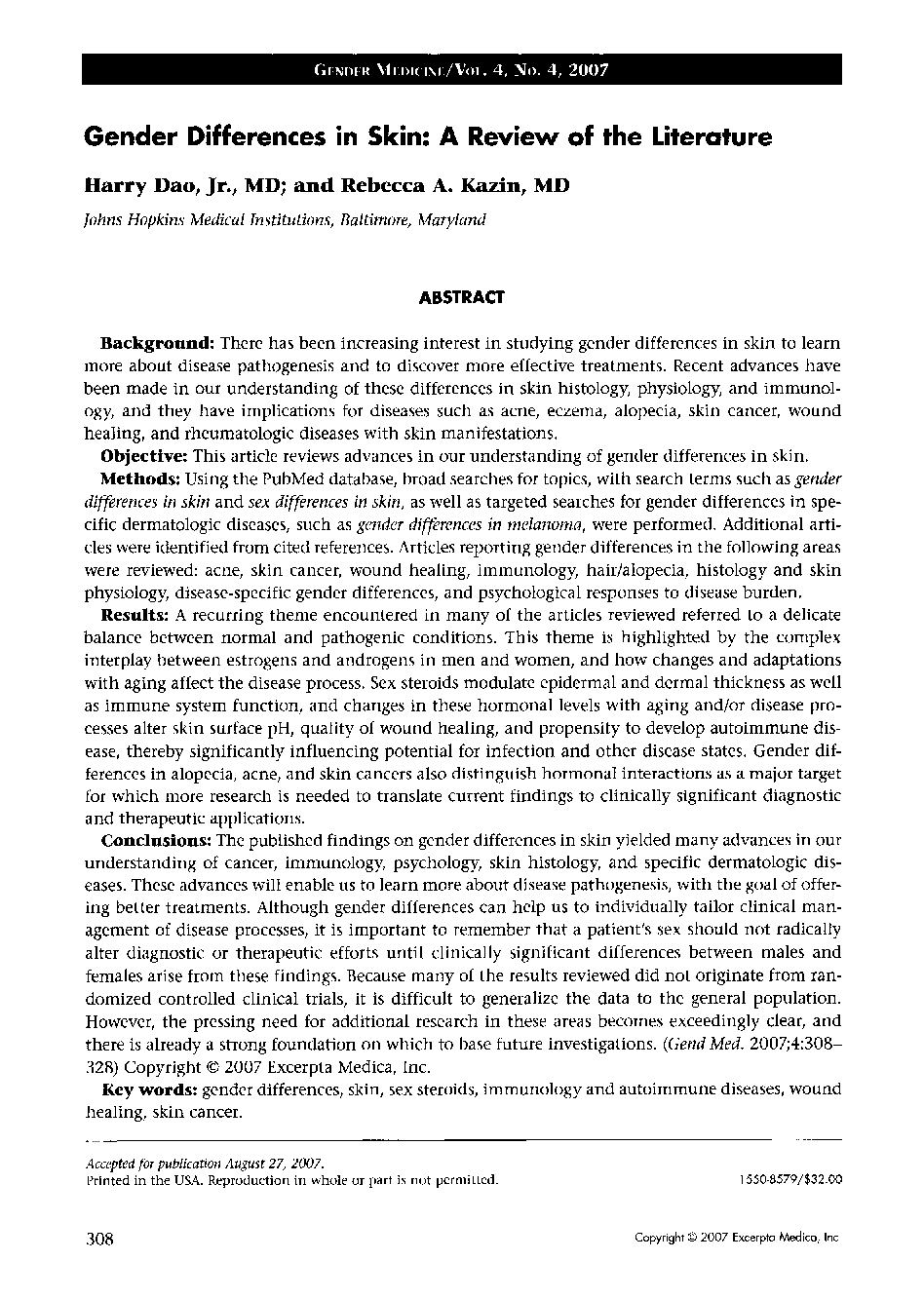 Gender differences in skin: A review of the literature