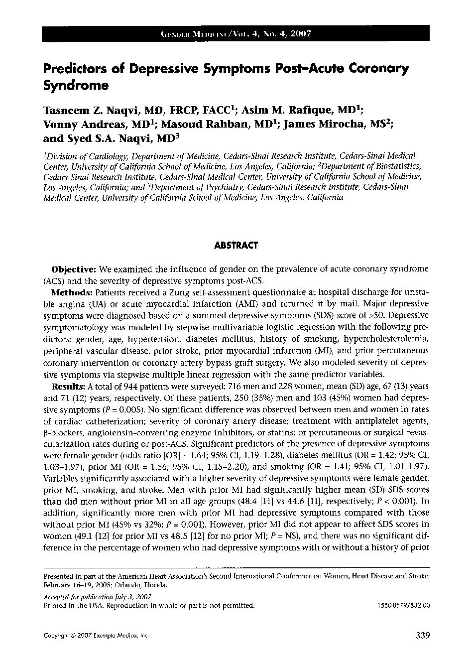 Predictors of depressive symptoms post-acute coronary syndrome 