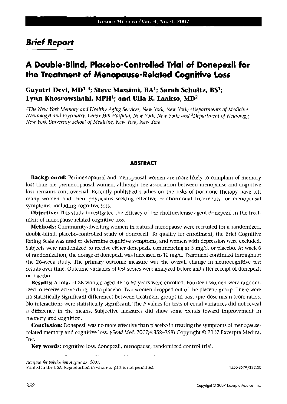 A Double-Blind, Placebo-Controlled Trial of Donepezil for the Treatment of Menopause-Related Cognitive Loss