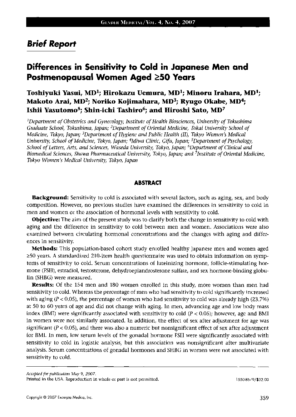 Differences in Sensitivity to Cold in Japanese Men and Postmenopausal Women Aged ≥50 Years