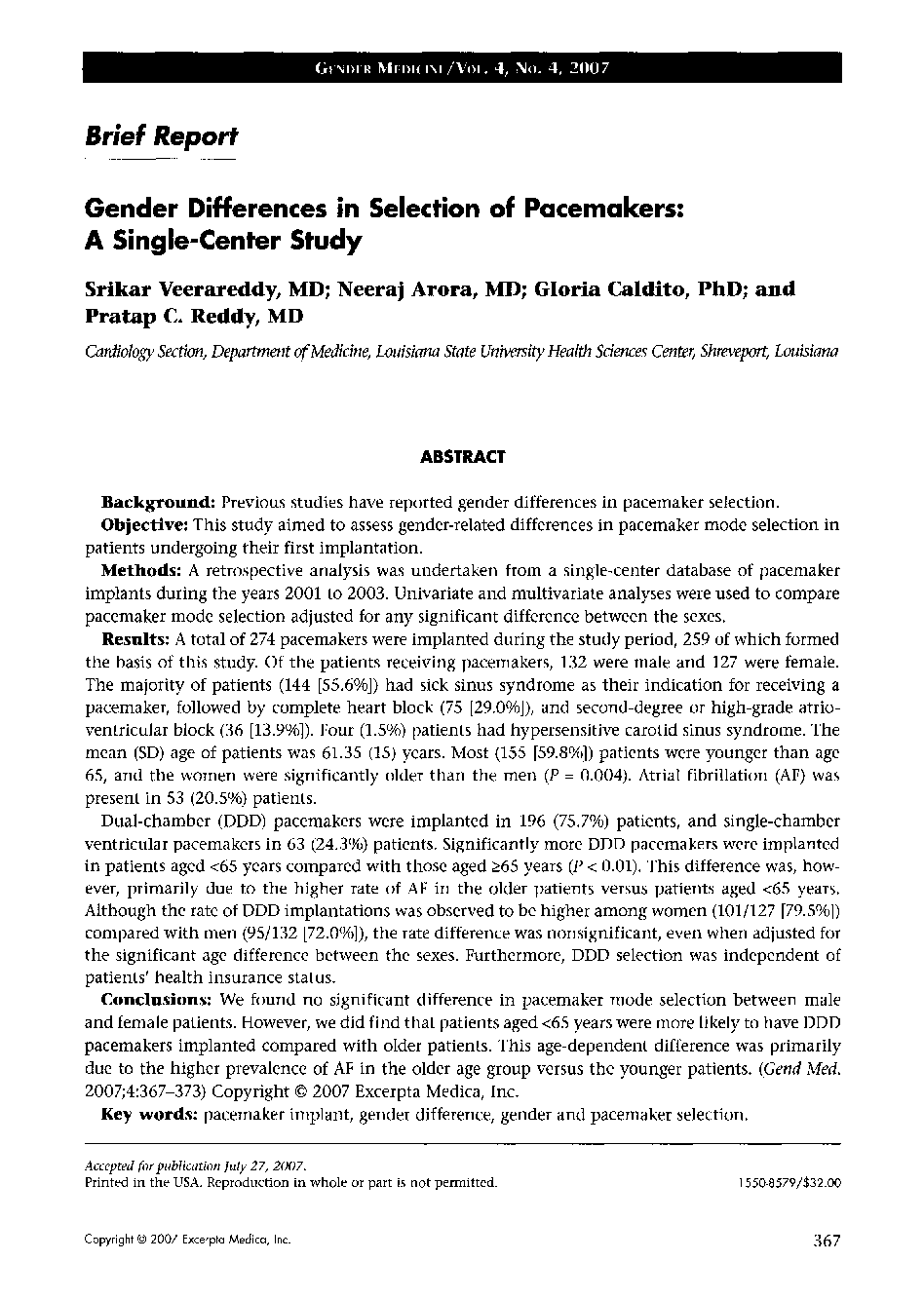 Gender Differences in Selection of Pacemakers: A Single-Center Study