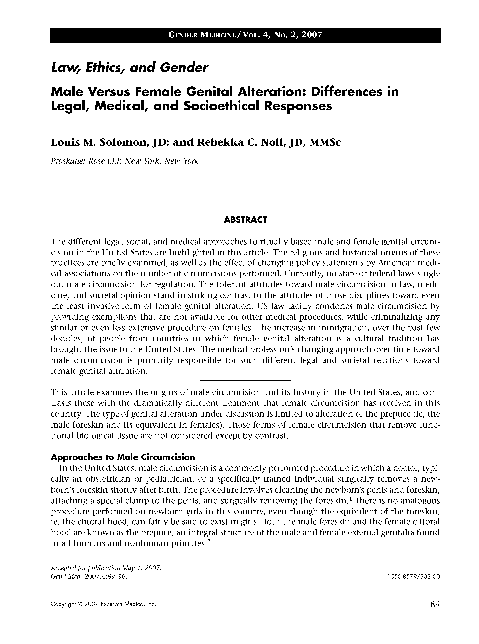 Male versus female genital alteration: Differences in legal, medical, and socioethical responses