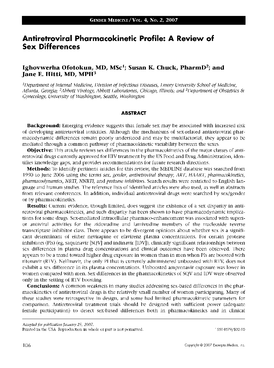 Antiretroviral pharmacokinetic profile: A review of sex differences