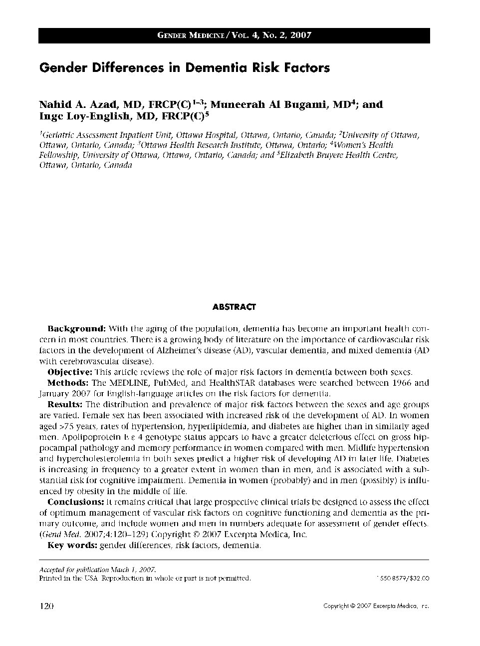 Gender differences in dementia risk factors