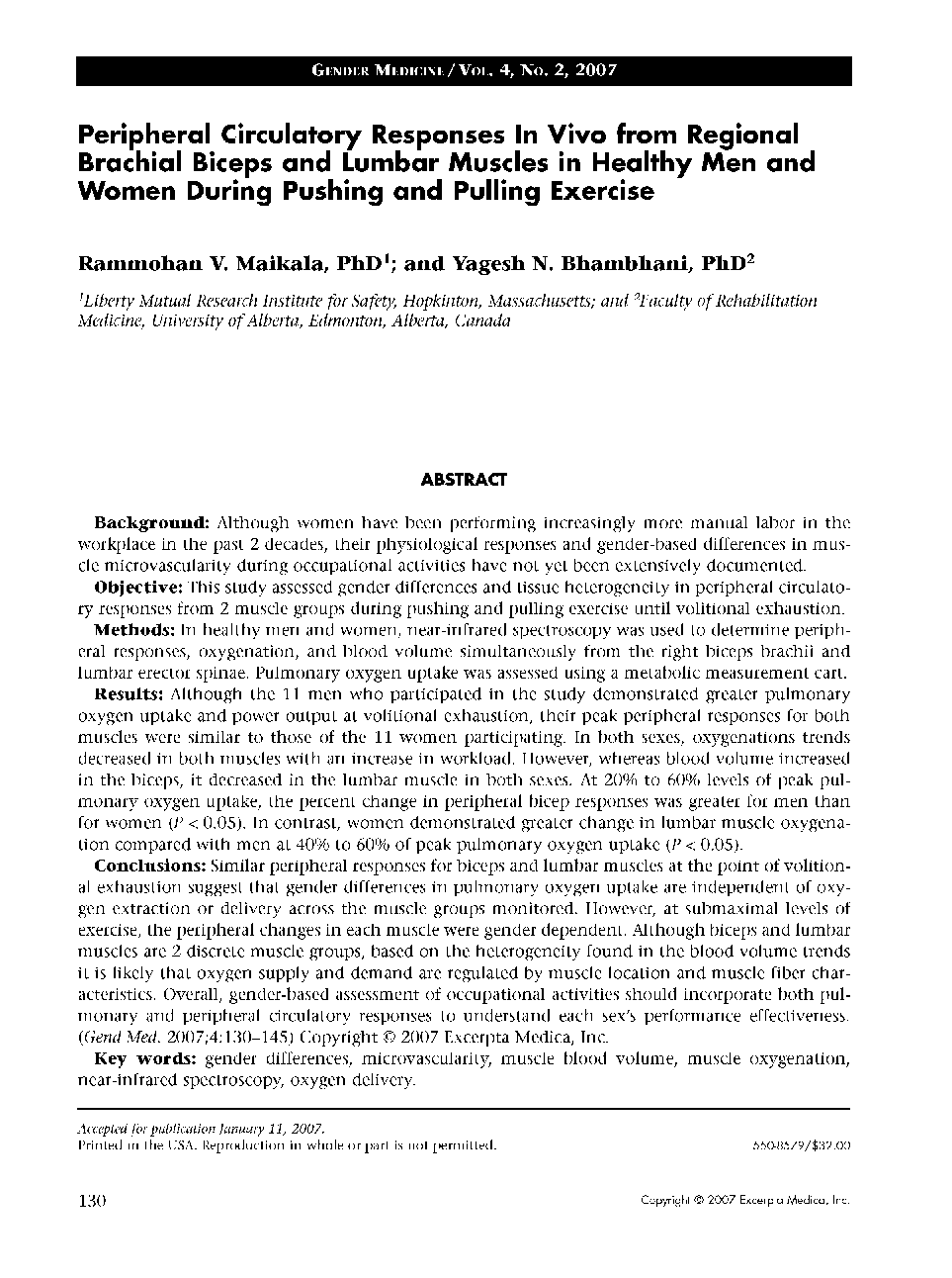 Peripheral circulatory responses in vivo from regional brachial biceps and lumbar muscles in healthy men and women during pushing and pulling exercise