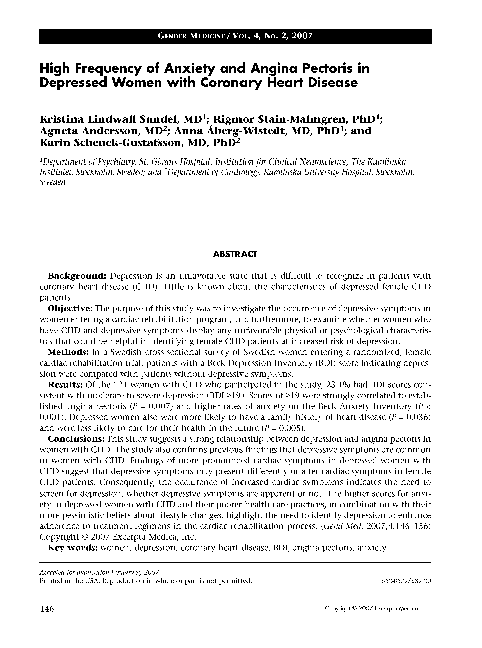 High frequency of anxiety and angina pectoris in depressed women with coronary heart disease