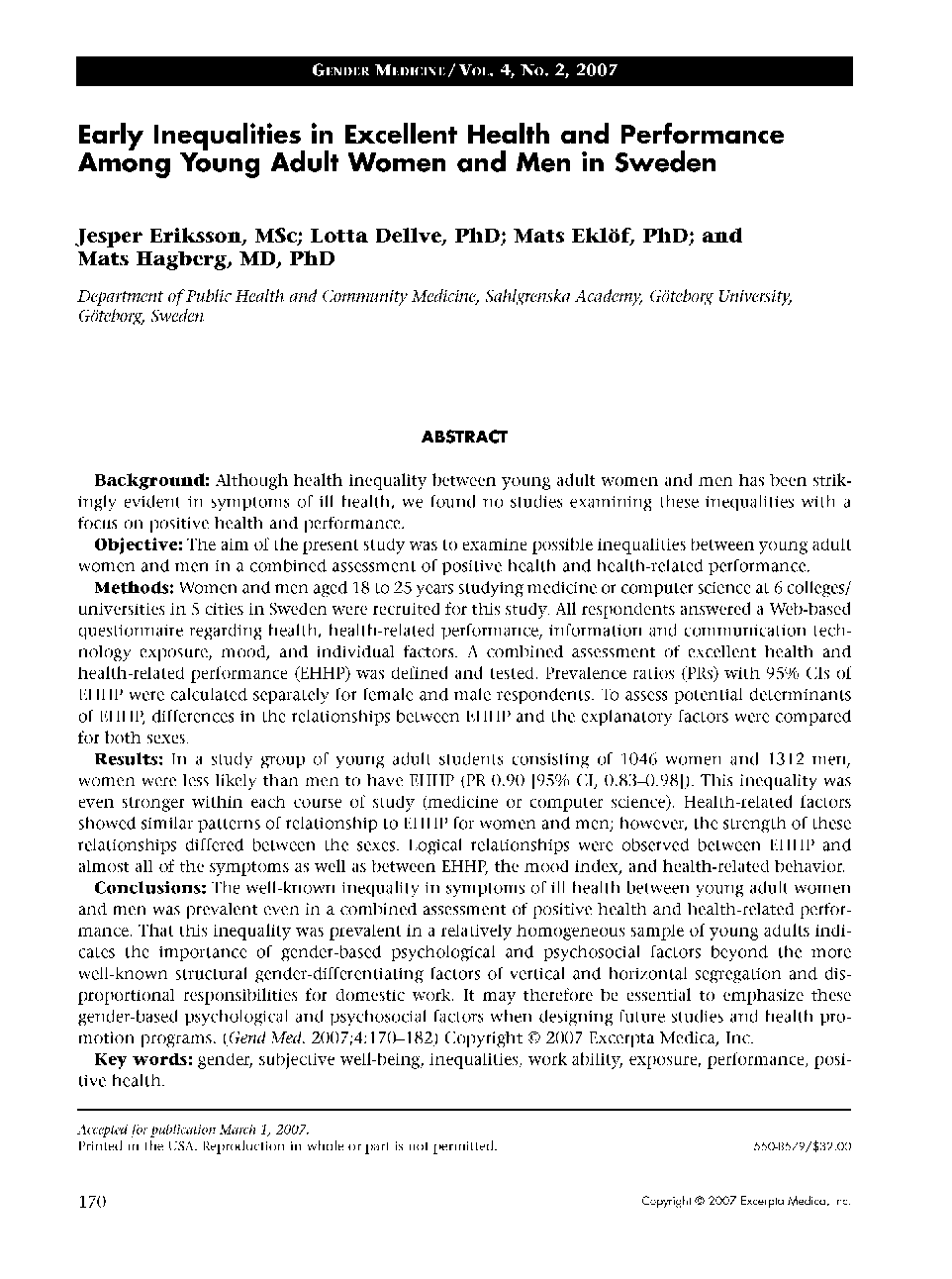 عکس صفحه اول مقاله: Early inequalities in excellent health and performance among young adult women and men in Sweden Early inequalities in excellent health and performance among young adult women and men in Sweden