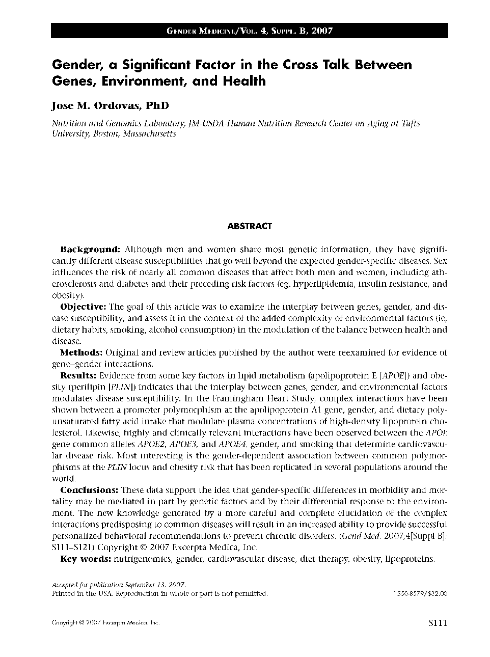 Gender, a significant factor in the cross talk between genes, environment, and health