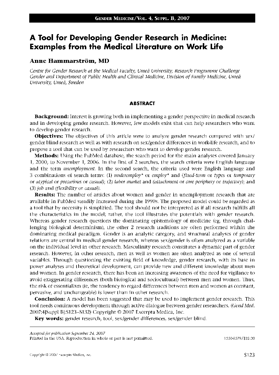 A Tool for Developing Gender Research in Medicine: Examples from the Medical Literature on Work Life