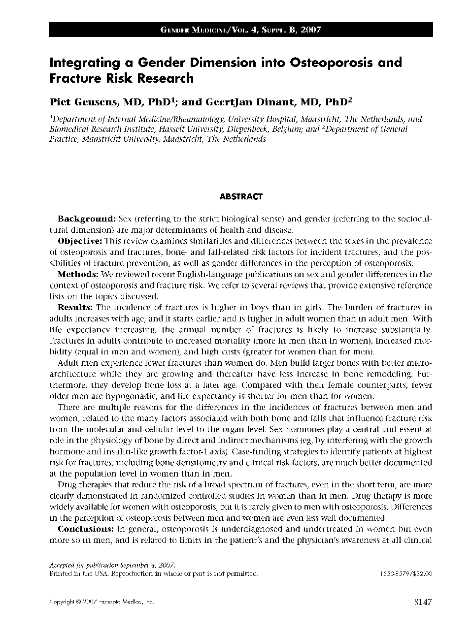عکس صفحه اول مقاله: Integrating a Gender Dimension into Osteoporosis and Fracture Risk Research Integrating a Gender Dimension into Osteoporosis and Fracture Risk Research