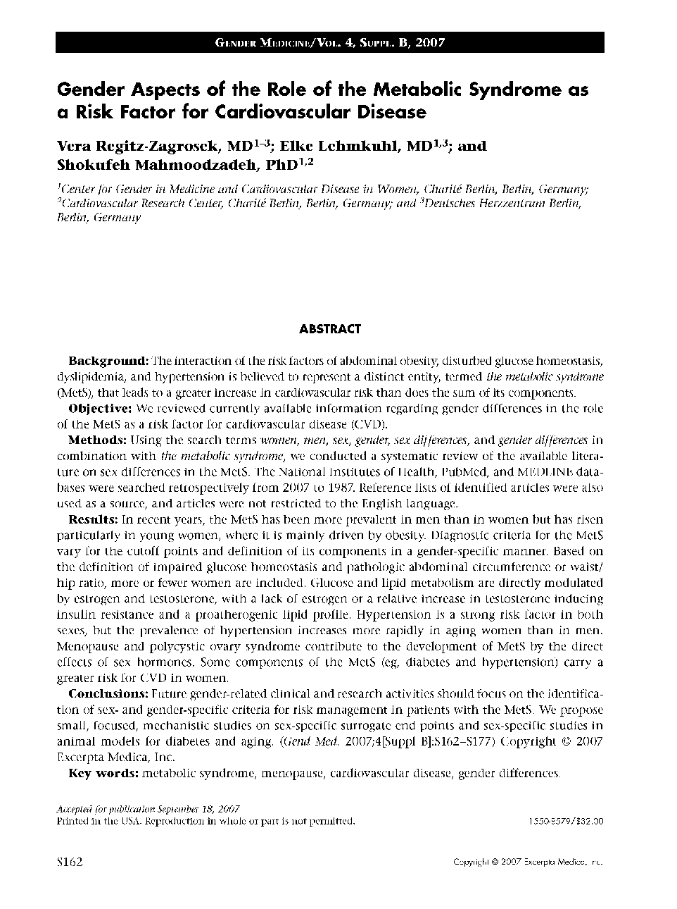 Gender Aspects of the Role of the Metabolic Syndrome as a Risk Factor for Cardiovascular Disease