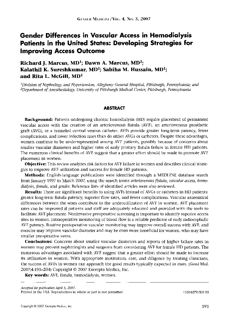 Gender differences in vascular access in hemodialysis patients in the United States: Developing strategies for improving access outcome